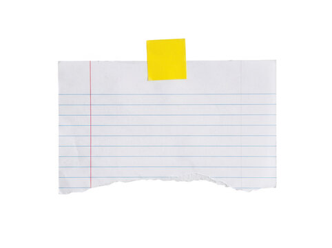 Torn piece of lined notebook paper with yellow sticky note attached isolated on transparent background for messaging