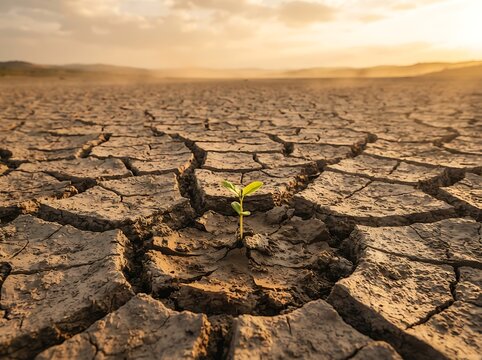 A small green plant growing in the middle of dry cracked earth during sunset.