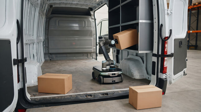 Autonomous mobile robot with manipulator arm loading cardboard boxes inside delivery van