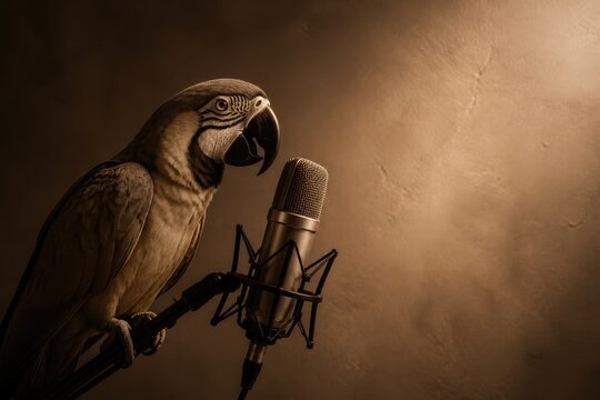 Macaw Singing Into a Microphone in Moody Studio Light