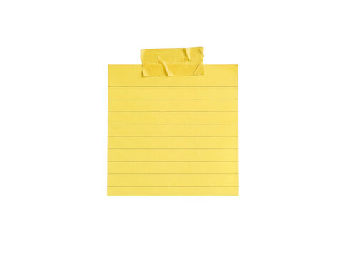 Square yellow lined paper note attached with yellow adhesive tape isolated on transparent background