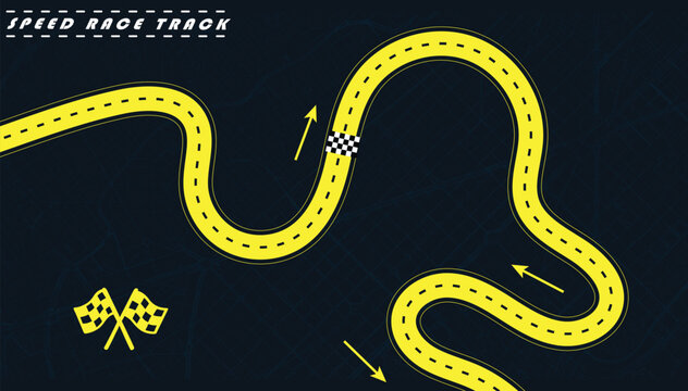 Road track or Race track in yellow color isolated on dark background with a street map.