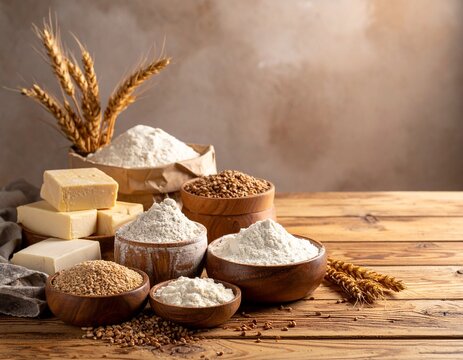 Bakery ingredients for homemade bread cooking or baking on table. Food set at wooden tabletop near wall background texture with copy space. Front view of bakery concept