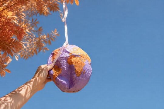 Globe lantern held in hand with autumn leaves and blue sky
