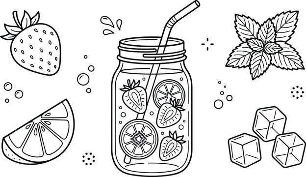 Fresh strawberry lemonade summer cocktail vector icon set with mason jar beverage drinking straw citrus slice mint ice