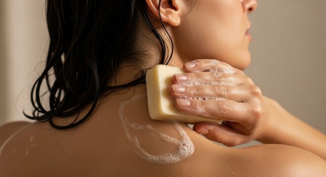 Woman applying soap to her neck and shoulders during skincare or bathing routine