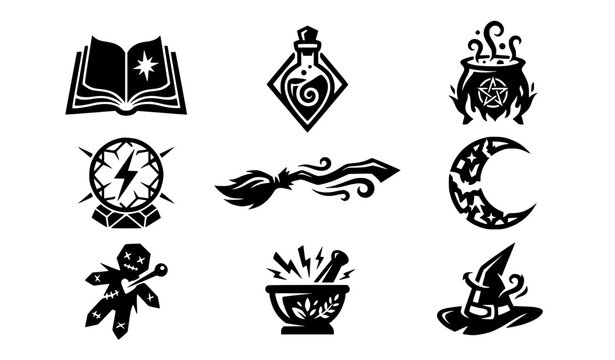 Witchcraft potions and spell books vector silhouettes emblem set magic logo collection