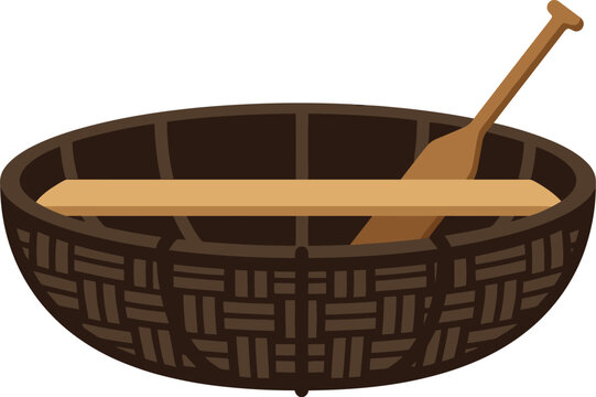 Traditional Vietnamese basket boat with wooden paddle vector illustration