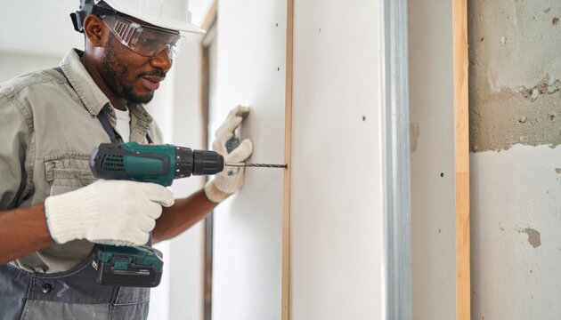 African American Handyman Drilling Wall with Cordless Drill During Home Renovation