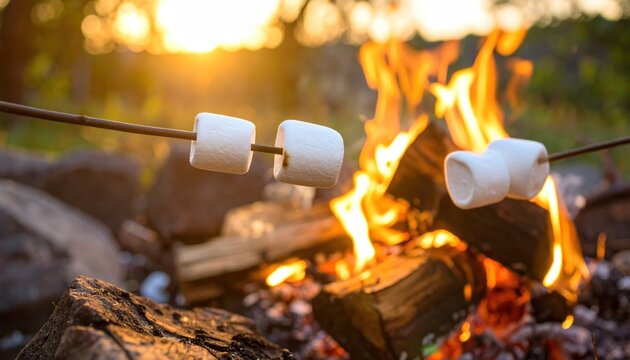Close-up of marshmallows on sticks being roasted over a crackling campfire at golden hour.