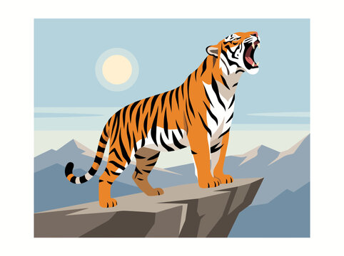 Roaring tiger standing on a mountain cliff under a sunny sky vector