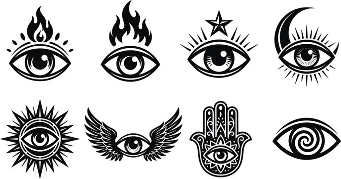 Black Silhouette Vector Icons of Mystical Eyes and Spiritual Symbols