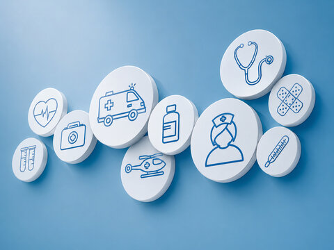 AI generated medical healthcare icons ambulance nurse stethoscope medicine first aid heartbeat symbols arranged clean blue background copy space