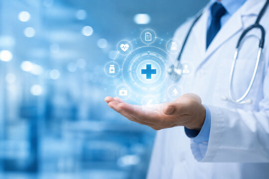 AI generated doctor presenting glowing medical cross healthcare icons for digital medicine patient care diagnosis monitoring modern hospital technology