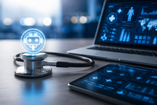 AI generated stethoscope glowing medical AI icon beside digital healthcare dashboards showing advanced clinical data technology smart patient monitoring