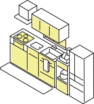 壁付けキッチンのアイソメ図_単色