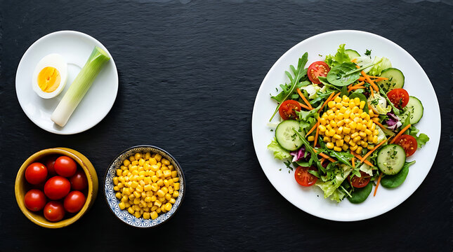 Fresh salad ingredients and prepared salad on dark surface