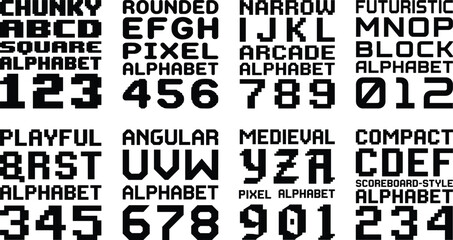 Obraz premium Black Pixel Style Vector Alphabets and Number Sets in Retro Designs