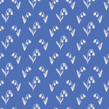 Hand Drawn Lily of the Valley Seamless Pattern on Blue Background