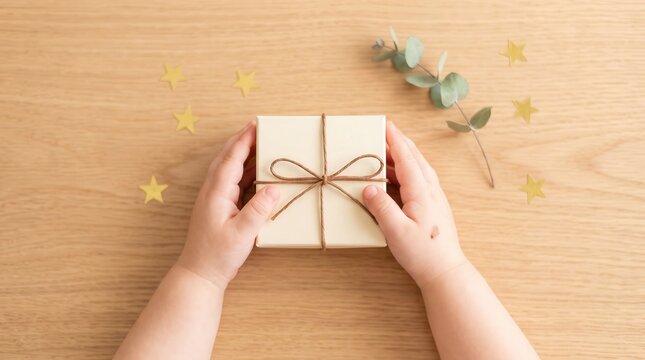 Child hand hold small gift box on wood table with eucalyptus and star for holiday concept