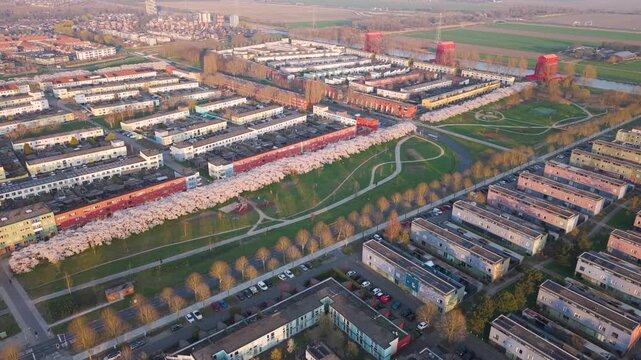 Aerial view of the colorful Regenboogbuurt residential neighborhood featuring unique architecture, green spaces, and tree-lined streets in Almere, Flevoland, Netherlands.