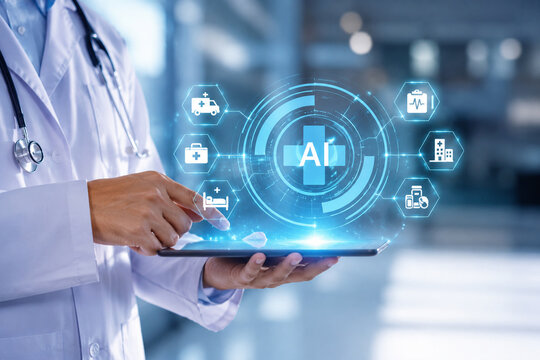 AI generated doctor using tablet artificial intelligence medical interface healthcare icons for digital diagnosis patient care hospital technology modern medicine
