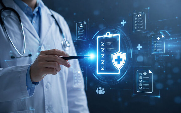 AI generated doctor using digital medical records interface healthcare checklist security shield clinical data for modern patient management hospital technology