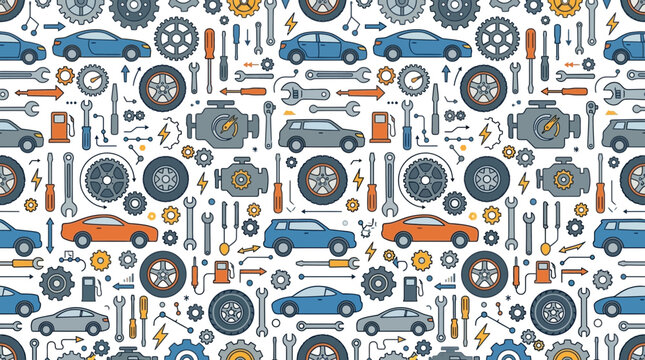 Seamless Pattern of Automotive Repair Tools and Cars