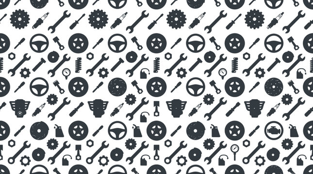 Seamless Pattern of Automotive Parts and Repair Tools Icons