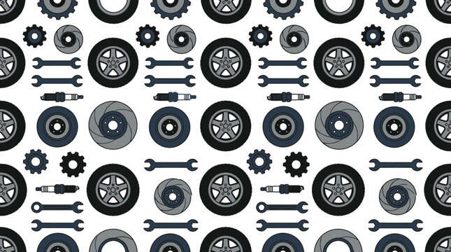 Seamless Pattern of Automotive Spare Parts and Repair Tools