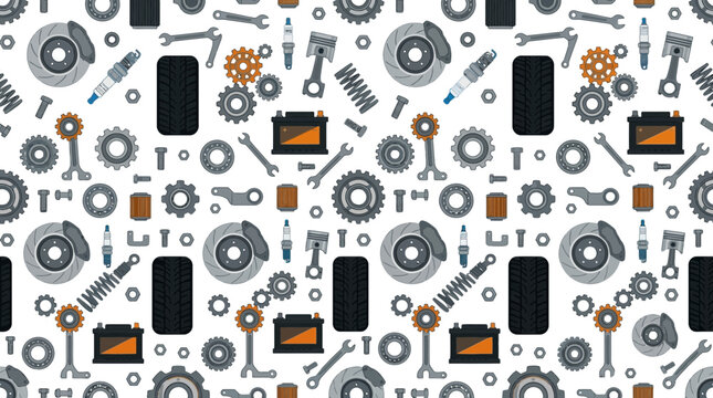 Seamless Pattern of Automotive Spare Parts and Repair Tools