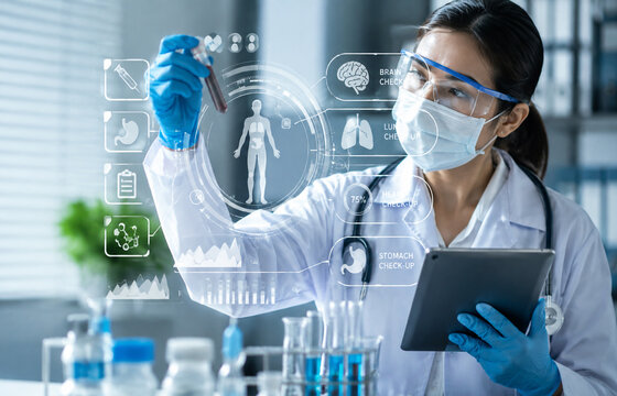 AI generated doctor analyzing blood sample tablet holographic anatomy data representing laboratory diagnostics patient monitoring healthcare technology clinical research