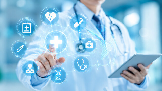AI generated doctor using tablet holographic medical icons connected health network representing digital healthcare diagnosis patient monitoring modern clinical technology