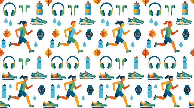 Seamless Pattern of People Running with Fitness Equipment