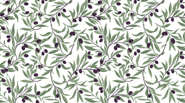 Seamless Pattern of Olive Branches with Ripe Black Olives