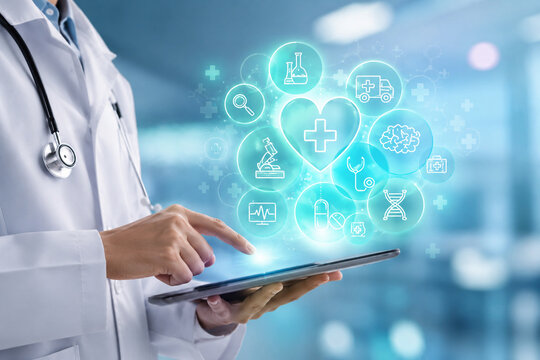 AI generated doctor using tablet glowing healthcare icons for digital medicine diagnosis patient monitoring clinical research modern medical technology