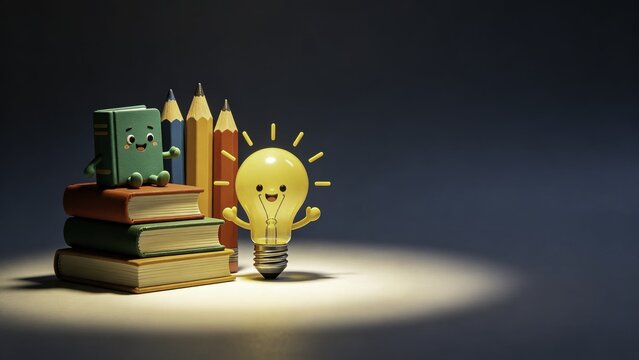 Vibrant cartoon learning concept with books pencils and ligh