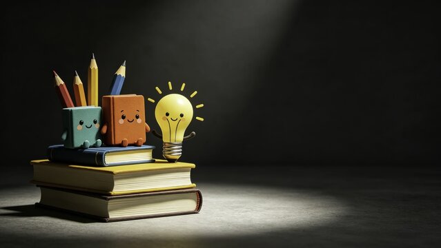Vibrant cartoon learning concept with books pencils and ligh