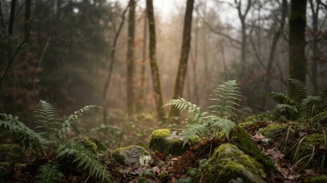 Sunbeams Filtering Through Morning Mist in a Serene Forest, Illuminating Green Ferns and Mossy Rocks