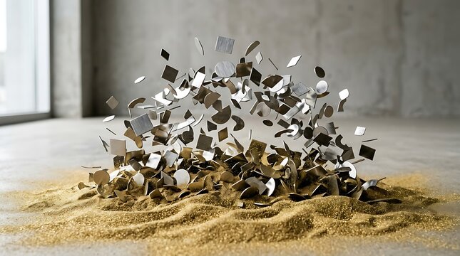 A pile of gold sand with shiny metallic pieces exploding upwards in a modern room