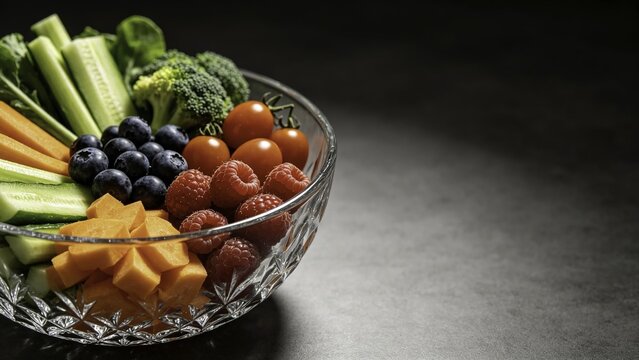 Healthy snack vegetables and berries displayed in crystal gl