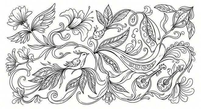 Art Nouveau Botanical Line Art with Songbirds and Musical Lutes