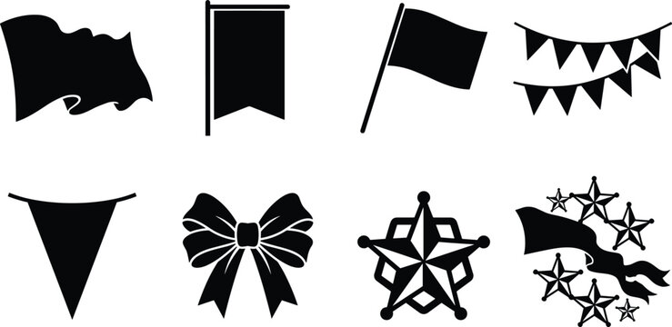 Black Decorative Flag and Banner Silhouette Collection with Bunting, Ribbons, Stars and Celebration Elements