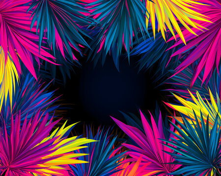 Carnival-themed, with its vibrant, abstract palm tree leaf pattern. Vectors of night party scenes, framed by tropical palm leaves, exotic and colorful