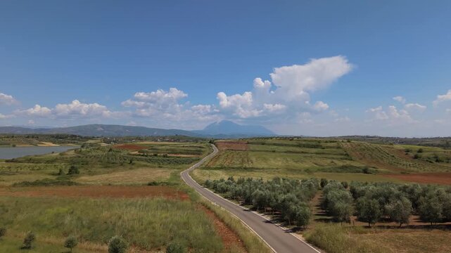 Aerial view of a winding road through agricultural fields and olive groves with a lake and distant mountains under a clear blue sky in Belsh, Elbasan County, Albania.