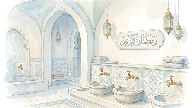 A watercolor illustration depicts a serene ablution area with arched doorways, ornate.