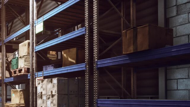 Boxes are stacked on blue shelves in a storage area. The shelves are organized, and the space is well lit. It shows a typical storage setup used for inventory and supplies.