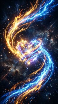 Glowing heart shape formed by blue and gold energy swirls against a dark cosmic background with gold swirl