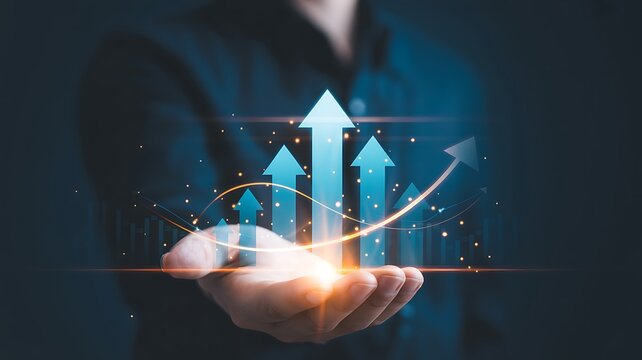 Financial growth and success concept, illustrated by blue arrows pointing upwards emerging from an open palm, symbolizing progress and investment
