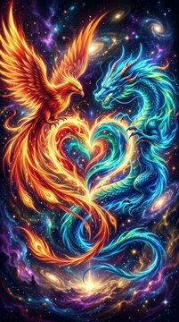 Fiery phoenix and icy blue dragon facing each other with tails forming a glowing heart shape in a starry cosmic space background
